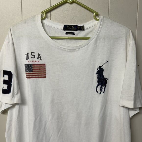 Polo Ralph Lauren T Shirt USA Flag Big Pony 3 Patch Custom Fit Boxy men XL EUC - Picture 2 of 11